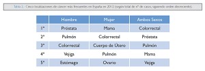 Los cánceres más frecuentes en España en 2012 © SEOM