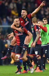 Genoa's Lucas Ocampos carries his teammate Giovanni Simeone on his shoulders to celebrate the victory at the end of the Italian Serie A soccer match Genoa CFC vs Juventus FC at Luigi Ferraris stadium in Genoa, Italy, 27 November 2016. ANSA/SIMONE ARVEDA