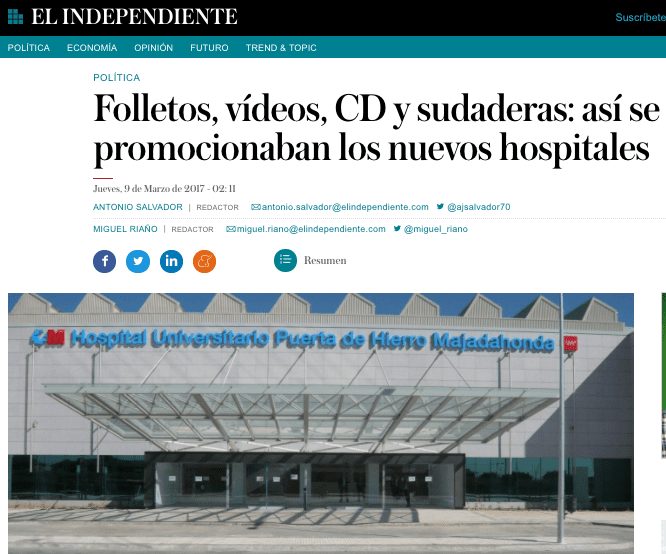“El Independiente” revela que el Hospital Puerta de Hierro Majadahonda también contrató a Over Marketing