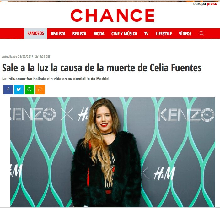 Celia Fuentes, la más famosa “influencer” de Majadahonda, muere a la edad de Larra y en sus mismas circunstancias