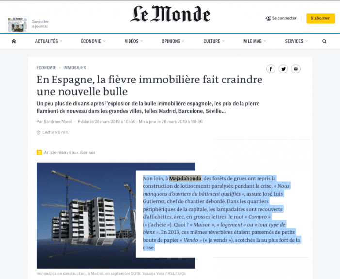 “Le Monde” pone a Majadahonda y Pozuelo de ejemplo: reactivación inmobiliaria en España “Le Monde” pone a Majadahonda y Pozuelo de ejemplo: reactivación inmobiliaria en España