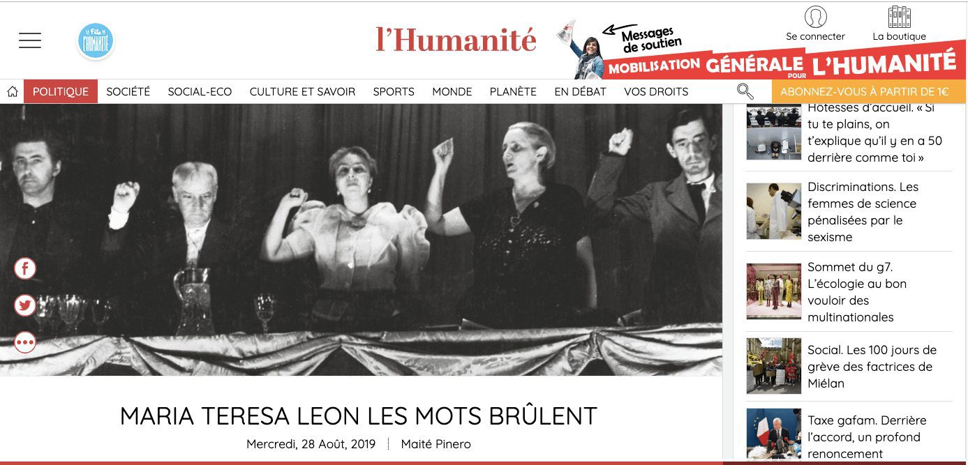 «L´Humanité» dedica un reportaje a María Teresa León y su muerte en Majadahonda