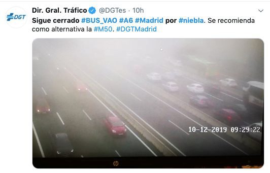 Falla la DGT en comunicación tras cerrar el Bus Vao en la A-6 Oeste Madrid por la niebla