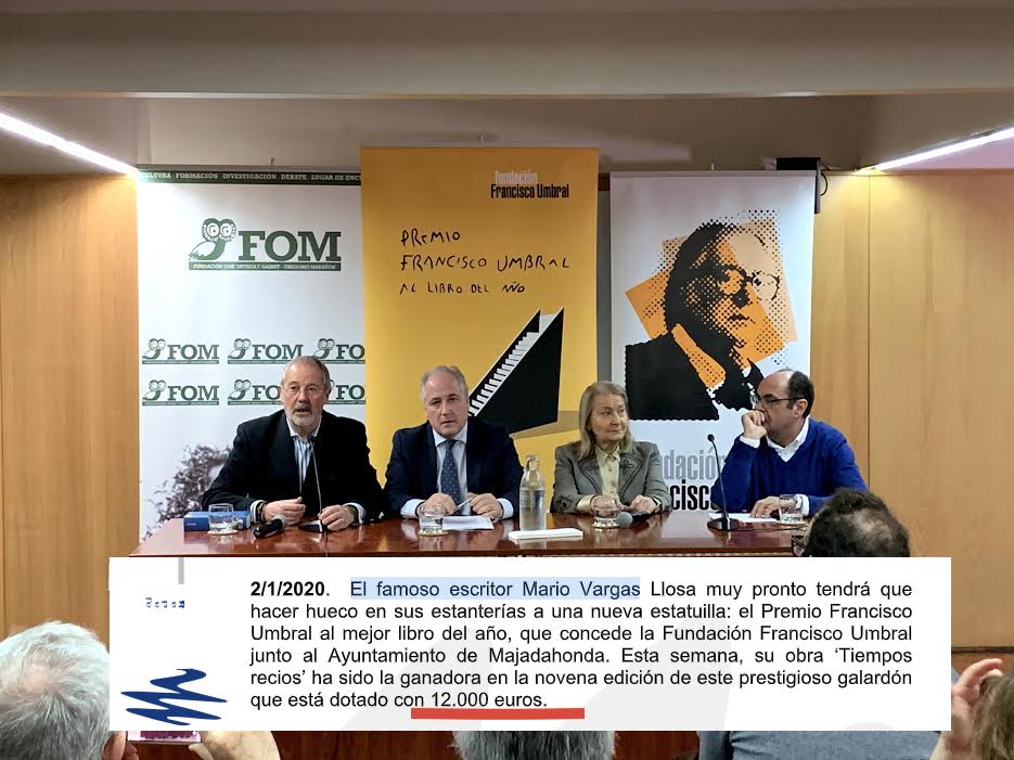 Ayuntamiento de Majadahonda: Vargas Llosa recibirá 12.000 € del Premio Umbral por «superar los límites de nuestra localidad”