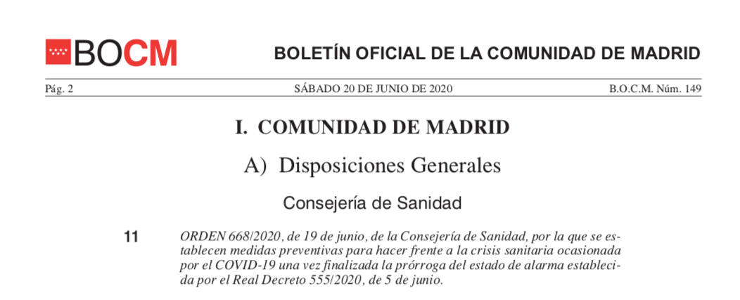 La última orden de la Comunidad de Madrid que regula toda la economía y actividad social durante este verano 2020: las 43 páginas en PDF
