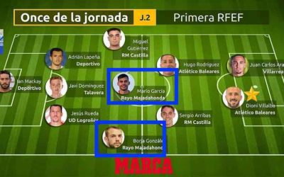 Mario, Borja y el entrenador Abel Gómez (Rayo Majadahonda) en el «once ideal» de la jornada en Primera RFEF