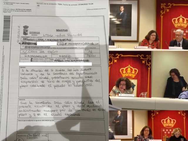 Un escrito dirigido a la secretaria municipal Celia Alcalá (Majadahonda) por Registro Oficial pide que dirima si es legal prohibir los «ruegos y preguntas»