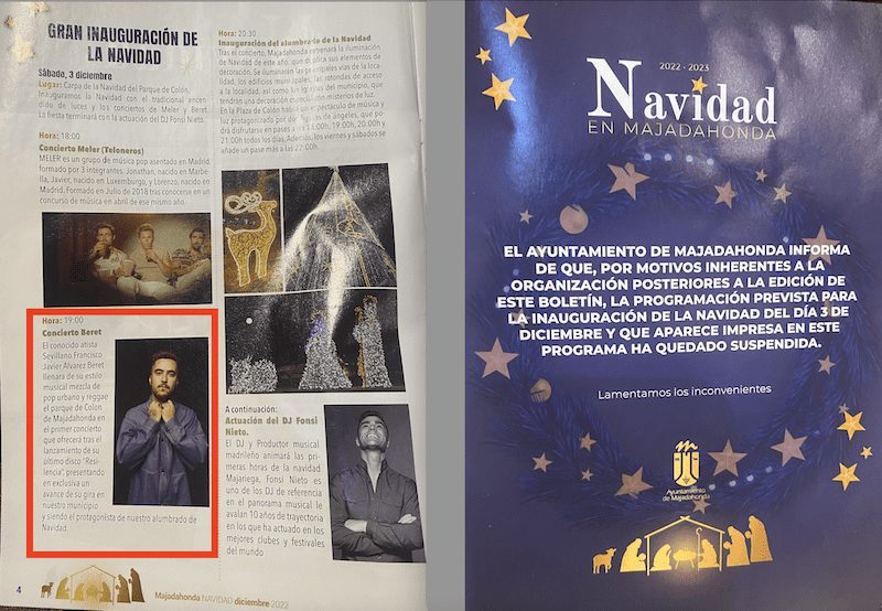 El Ayuntamiento de Majadahonda suspende el concierto navideño de Beret: quiso meter 17.000 personas en el Parque de Colón