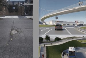 Calle Isaac Albéniz (Majadahonda) y el proyecto de Pasarela de Roza Martín que anunció el Ayuntamiento como "inminente"