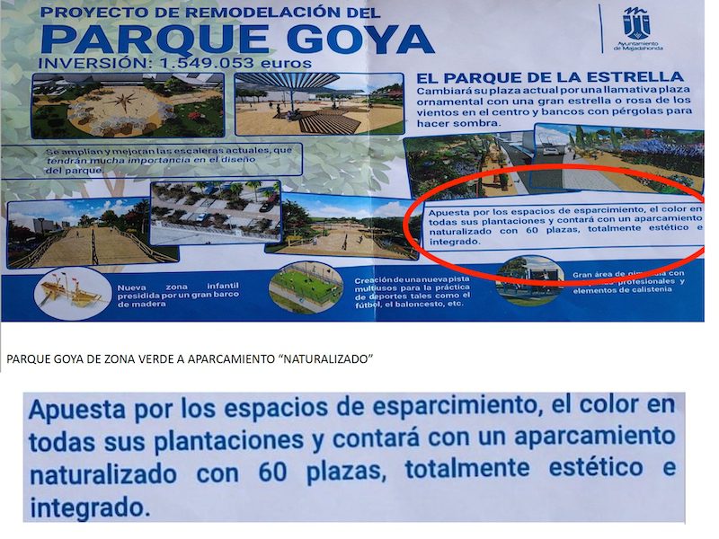 El alcalde «borra» el «parking» del Parque Goya pero «Vecinos por Majadahonda» no se fía y le pide pruebas escritas