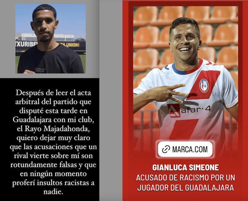 El acta recoge acusaciones racistas a Gianluca Simeone (Rayo Majadahonda) de un jugador colombiano (Guadalajara): él lo niega y el árbitro no oyó nada